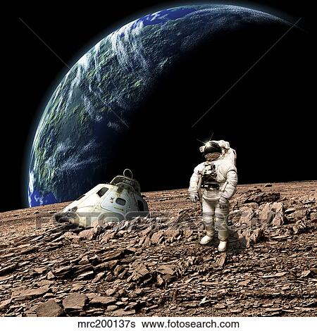 An astronaut surveys his situation after being marooned on a barren planet. View Large Photo Image Stock Photograph - An astronaut surveys his situation after being marooned on a barren planet.. Fotosearch