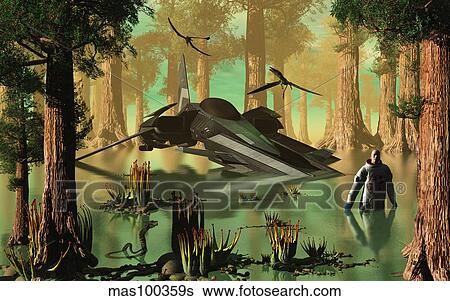Stock Illustration - An astronaut wades through the swamp-like waters of an alien world.. Fotosearch