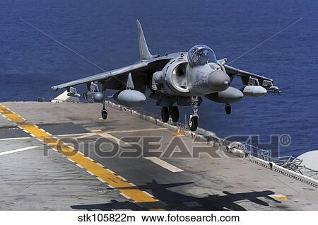 Picture - An AV-8B Harrier jet lands on the flight deck of USS Essex.. Fotosearch