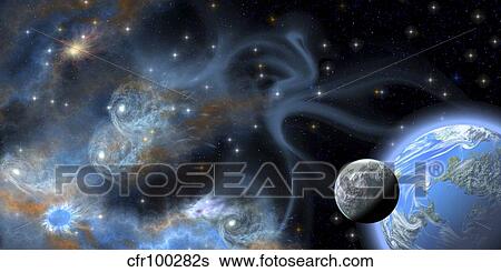 Stock Illustration - An Earth-like planet and its moon hover near a blue nebula.. Fotosearch
