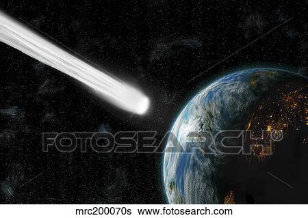 Stock Illustration - An Earth-like planet facing an imminent collision with a comet.. Fotosearch
