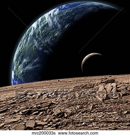 An Earth-like planet in deep space with an orbiting moon. View Large Illustration Stock Illustration - An Earth-like planet in deep space with an orbiting moon.. Fotosearch