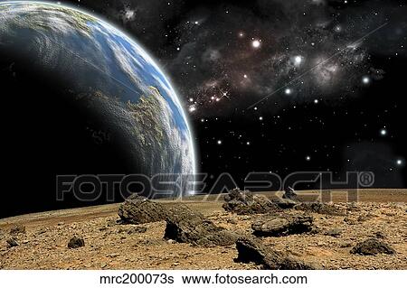 An Earth-like planet rises over a rocky and barren alien world. View Large Illustration Stock Illustration - An Earth-like planet rises over a rocky and barren alien world.. Fotosearch