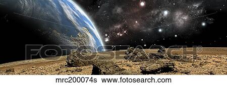 Stock Illustration - An Earth-like planet rises over a rocky and barren alien world.. Fotosearch