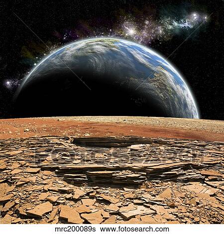 Stock Illustration - An Earth-like planet rises over a rocky and barren alien moon.. Fotosearch