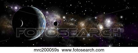 An Earth-like planet with a pair of moons in orbit. View Large Illustration Stock Illustration - An Earth-like planet with a pair of moons in orbit.. Fotosearch