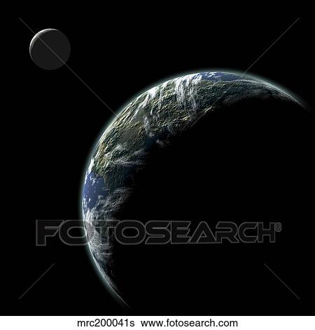 Stock Illustration - An Earth-like planet with an orbiting moon illuminated by a nearby sun.. Fotosearch