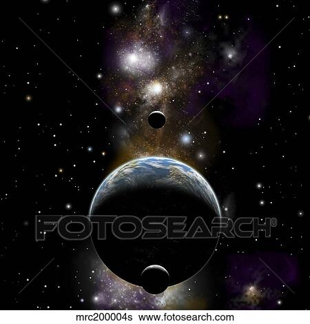 An Earth type world with two moons against a background of nebula and stars. View Large Illustration Stock Illustration - An Earth type world with two moons against a background of nebula and stars.. Fotosearch