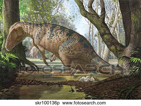 An Edmarka rex finds out that his nest has died due to flooding of the forest. View Large Illustration Stock Illustration - An Edmarka rex finds out that his nest has died due to flooding of the forest.. Fotosearch