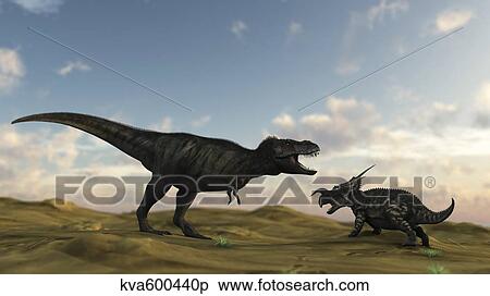 An Einiosaurus is confronted by a Tyrannosaurus Rex. View Large Illustration Stock Illustration - An Einiosaurus is confronted by a Tyrannosaurus Rex.. Fotosearch