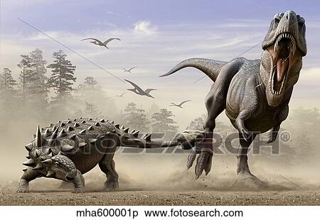 Stock Illustration - An Euoplocephalus hits T-Rex's foot by its mace like tail in self-defense.. Fotosearch