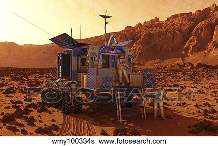 An explorer departs a manned rover ina martian canyon. View Large Illustration Stock Illustration - An explorer departs a manned rover ina martian canyon.. Fotosearch
