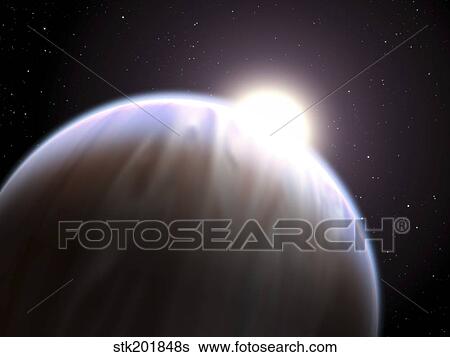 An extrasolar planet with its parent star peeking above its top edge. View Large Illustration Stock Illustration - An extrasolar planet with its parent star peeking above its top edge.. Fotosearch