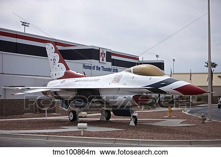An F-16 Thunderbird on display in front of the Thunderbirds Museum. View Large Photo Image Picture - An F-16 Thunderbird on display in front of the Thunderbirds Museum.. Fotosearch