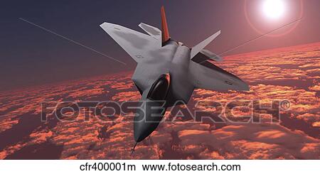 Stock Illustration - An F-22 fighter jet flies at an altitude above the cloud layer on its mission.. Fotosearch