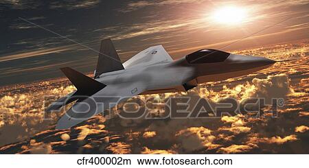 Stock Illustration - An F-22 fighter jet flies at an altitude above the cloud layer on its mission.. Fotosearch