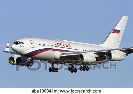 An Ilyushin Il-96 airliner prepares for landing. View Large Photo Image Picture - An Ilyushin Il-96 airliner prepares for landing.. Fotosearch
