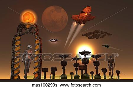 An interstellar relay station operated & run by androids. View Large Illustration Stock Illustration - An interstellar relay station operated & run by androids.. Fotosearch