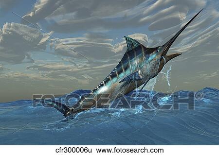 An iridescent Blue Marlin bursts from ocean waters. View Large Illustration Stock Illustration - An iridescent Blue Marlin bursts from ocean waters.. Fotosearch