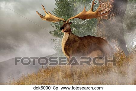Stock Illustration - An Irish Elk stands in deep grass on a foggy hillside.. Fotosearch