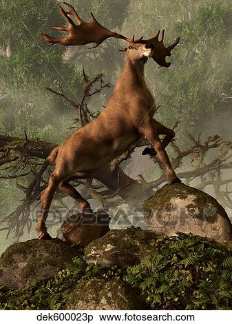 Stock Illustration - An Irish Elk stands proudly in a dense forest.. Fotosearch