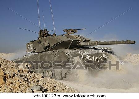 Picture - An Israel Defense Force Magach 7 main battle tank in the Negev desert.. Fotosearch