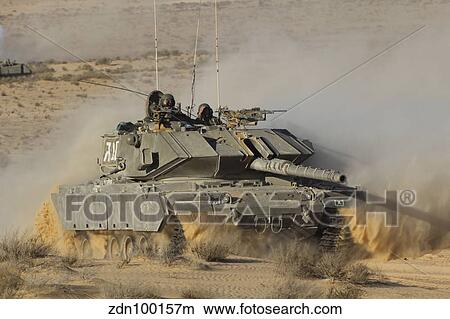 Picture - An Israel Defense Force Magach 7 main battle tank in the Negev desert.. Fotosearch