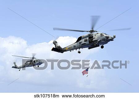 Picture - An MH-60S Sea Hawk helicopter follows behind an MH-60R Sea Hawk.. Fotosearch