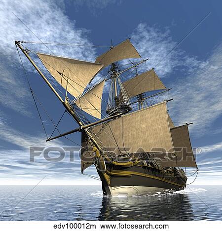 Stock Illustration - An old sailing ship navigating the ocean.. Fotosearch
