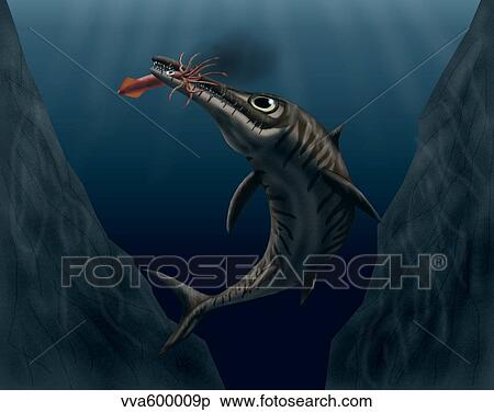 An Ophthalmosaurus catches a squid in the deep sea. View Large Illustration Stock Illustration - An Ophthalmosaurus catches a squid in the deep sea.. Fotosearch