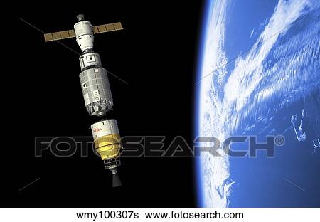 Stock Illustration - An orbital maintenance platform docks an orbiting booster in low Earth orbit.. Fotosearch