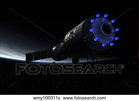 An orbital maintenance platform fires it liquid-propellant rocket thrusters. View Large Illustration Stock Illustration - An orbital maintenance platform fires it liquid-propellant rocket thrusters.. Fotosearch