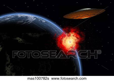 An orbiting UFO launches a deadly attack upon the surface of Earth. View Large Illustration Stock Illustration - An orbiting UFO launches a deadly attack upon the surface of Earth.. Fotosearch