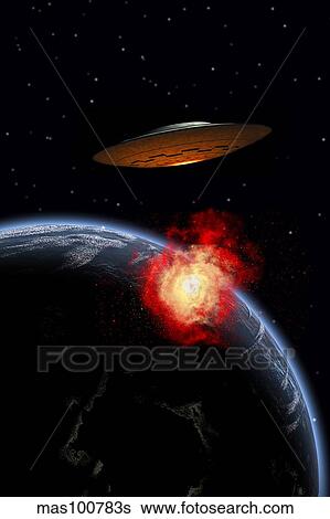 Stock Illustration - An orbiting UFO launches a deadly attack upon the surface of Earth.. Fotosearch