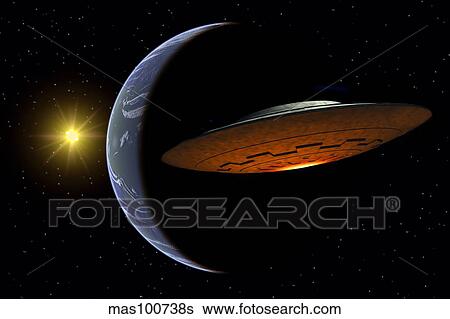 Ancient aliens arriving towards Earth in flying saucers. View Large Illustration Stock Illustration - Ancient aliens arriving towards Earth in flying saucers.. Fotosearch