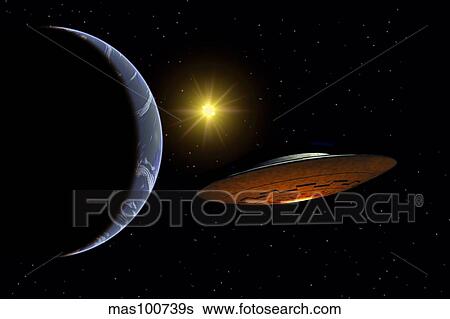 Stock Illustration - Ancient aliens arriving towards Earth in flying saucers.. Fotosearch