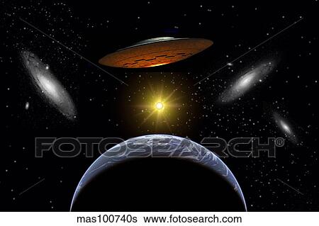 Ancient aliens arriving towards Earth in flying saucers. View Large Illustration Stock Illustration - Ancient aliens arriving towards Earth in flying saucers.. Fotosearch
