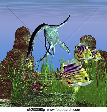 Stock Illustration - Angelfish try to swim out of the reach of a Plesiosaurus dinosaur.. Fotosearch