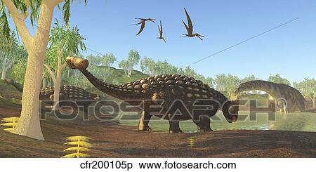 Stock Illustration - Ankylosaurus dinosaurs drink from a swamp along with an Argentinosaurus.. Fotosearch