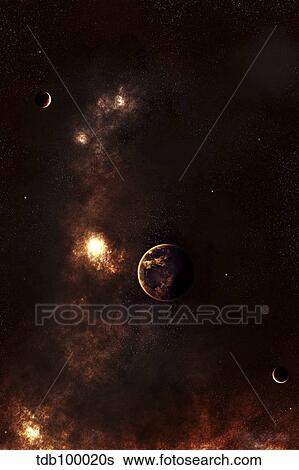 Stock Illustration - Aplanet illuminated by plasma floating in the vast space.. Fotosearch