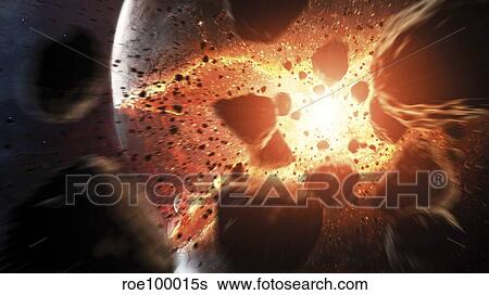 Apocalyptic space scene with an exploding planet. View Large Illustration Stock Illustration - Apocalyptic space scene with an exploding planet.. Fotosearch