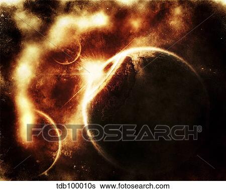 Apocalyptic view of a solar system. View Large Illustration Stock Illustration - Apocalyptic view of a solar system.. Fotosearch