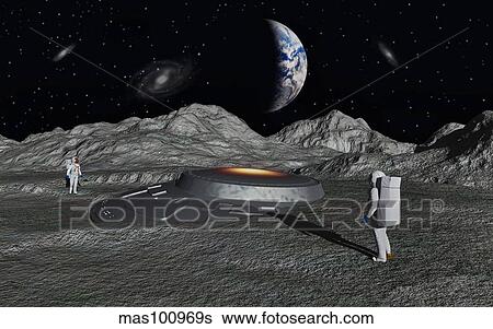 Apollo 宇宙飛行士 発見しなさい A Ufo 上に 表面 の Moon イラスト Mass Fotosearch