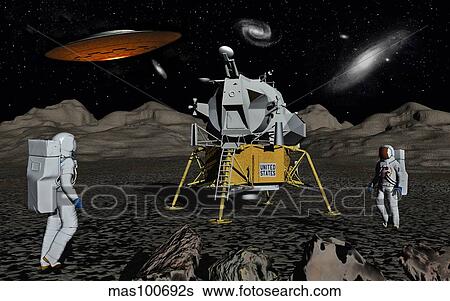 Stock Illustration - Apollo astronauts coming into contact with an alien UFO while on the moon.. Fotosearch