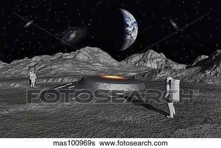 Apollo astronauts discover a UFO on the surface of the moon. View Large Illustration Stock Illustration - Apollo astronauts discover a UFO on the surface of the moon.. Fotosearch