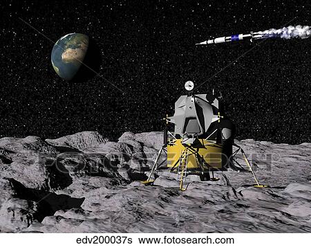 Apollo on surface of moon, with Saturn V rocket in the background. View Large Illustration Stock Illustration - Apollo on surface of moon, with Saturn V rocket in the background.. Fotosearch