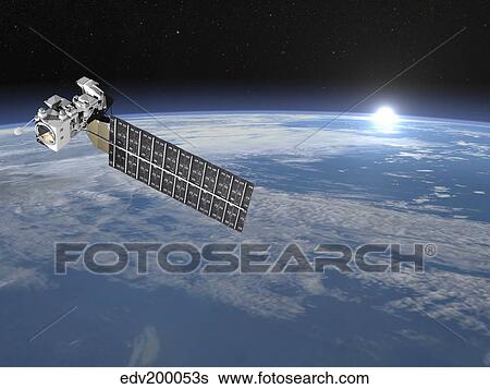 Aqua satellite orbiting Earth and rising Sun. View Large Illustration Stock Illustration - Aqua satellite orbiting Earth and rising Sun.. Fotosearch