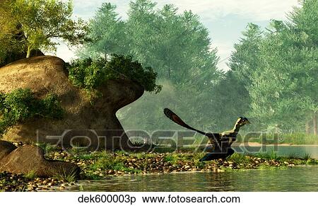 Archaeopteryx on the shore of a river. View Large Illustration Stock Illustration - Archaeopteryx on the shore of a river.. Fotosearch
