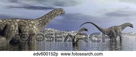Stock Illustration - Argentinosaurus dinosaur family walking in the water.. Fotosearch