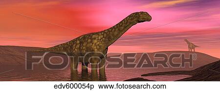 Stock Illustration - Argentinosaurus dinosaurs amongst a colorful red sunset.. Fotosearch